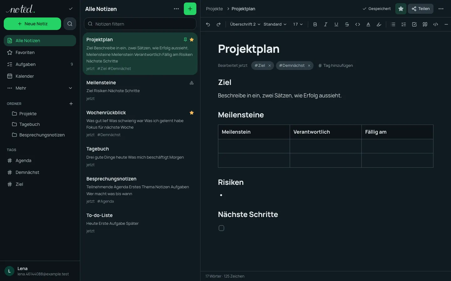 Der noted.-Editor mit einer geöffneten Notiz neben der Ordnerliste