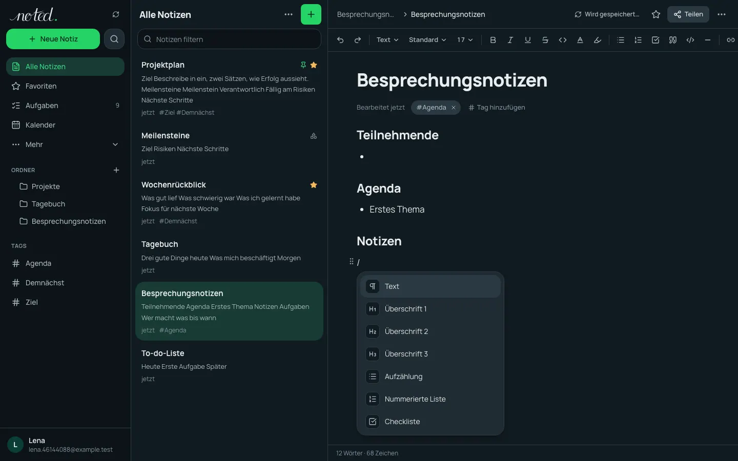 Das Schrägstrich-Menü im Editor mit einfügbaren Blöcken