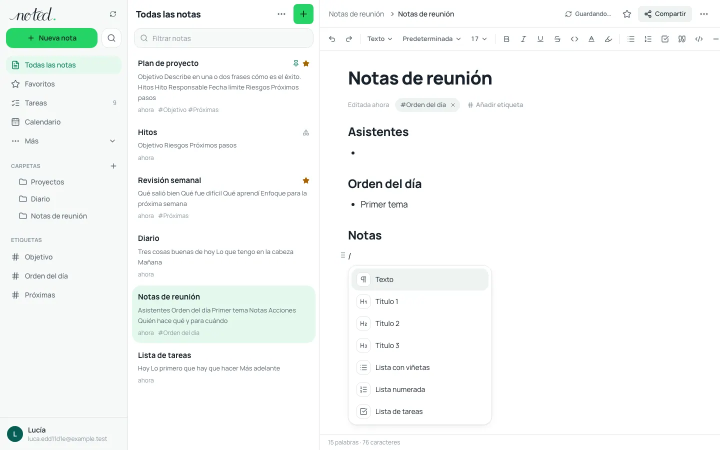 El menú de barra del editor con los bloques que se pueden insertar