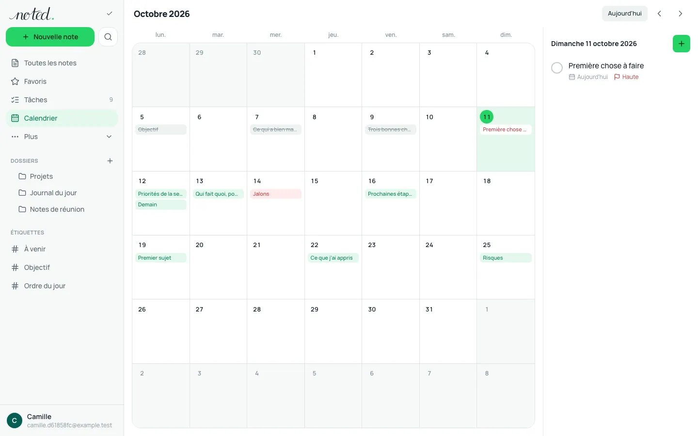 Le calendrier avec les tâches et les rappels d'un mois