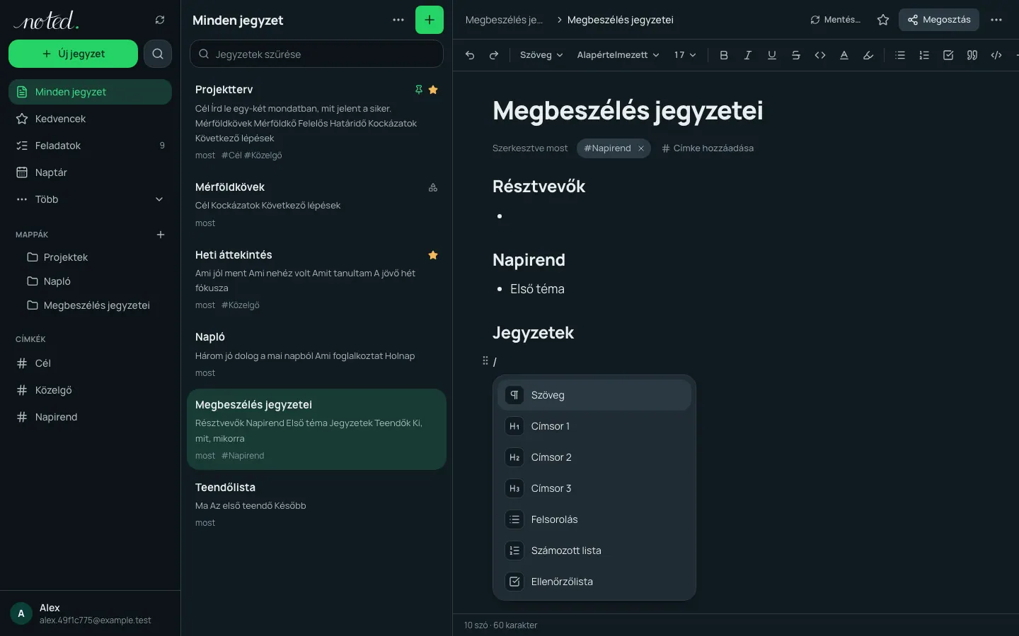 A szerkesztő perjel-menüje a beszúrható blokkokkal