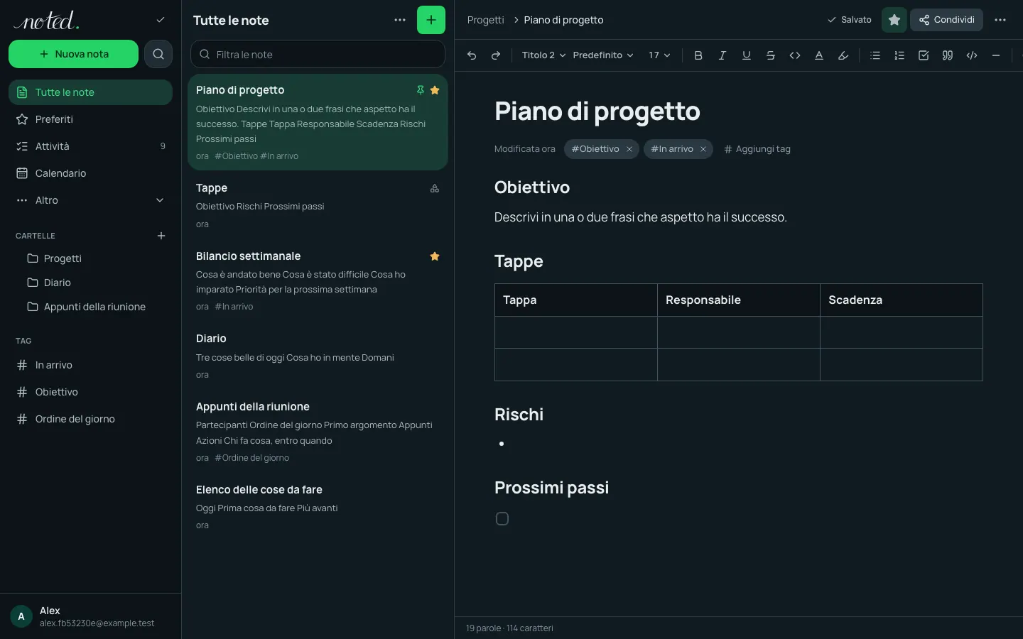 L'editor di noted. con una nota aperta accanto all'elenco delle cartelle