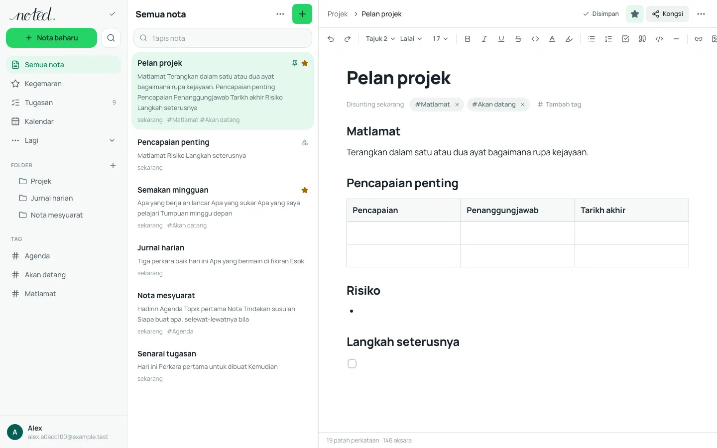 Editor noted. dengan satu nota dibuka di sebelah senarai folder
