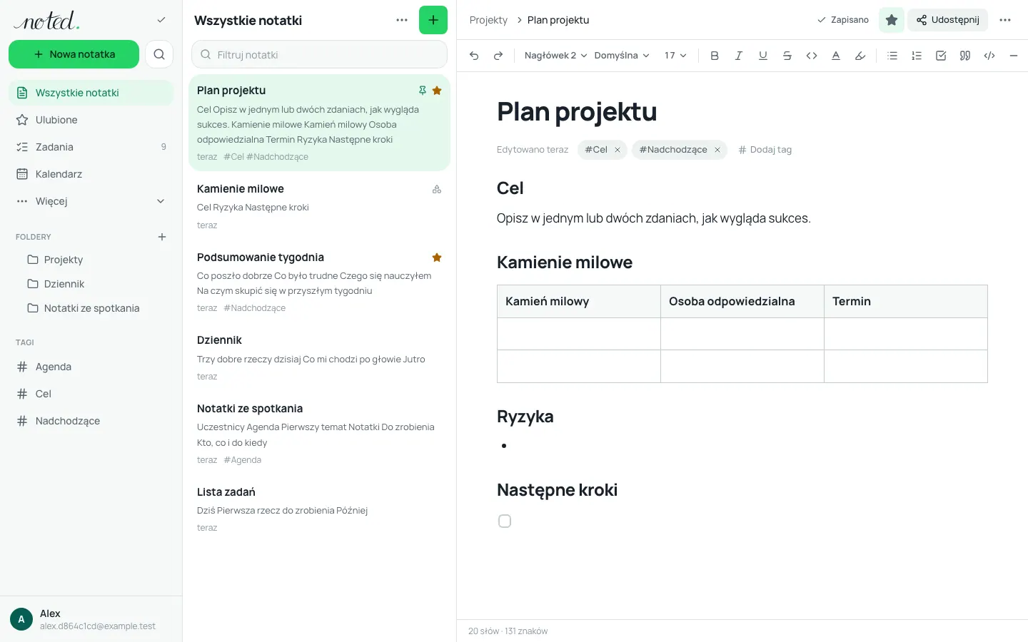 Edytor noted. z otwartą notatką obok listy folderów