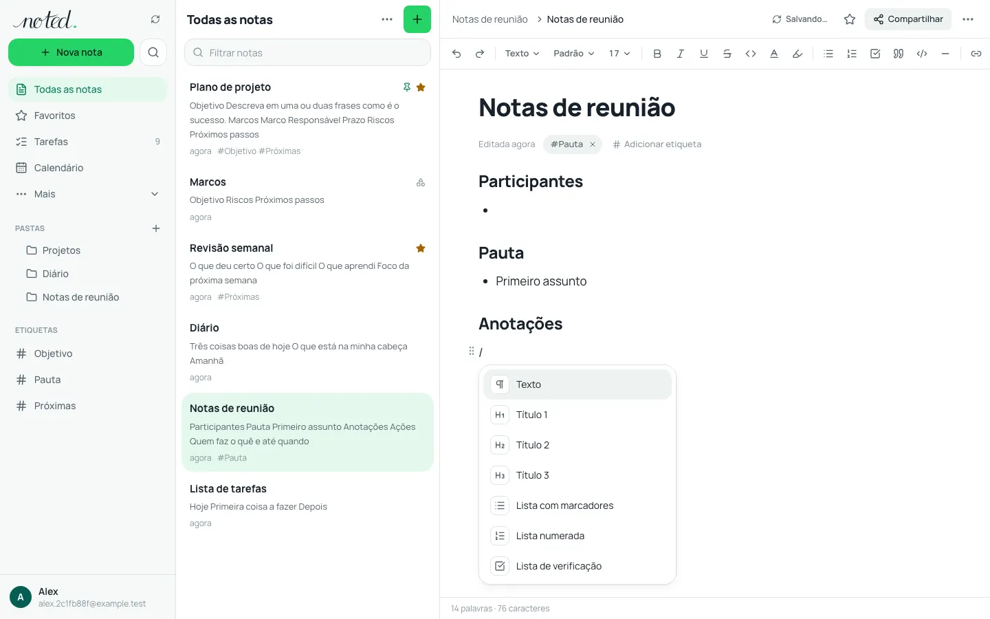 O menu de barra do editor, com os blocos que podem ser inseridos