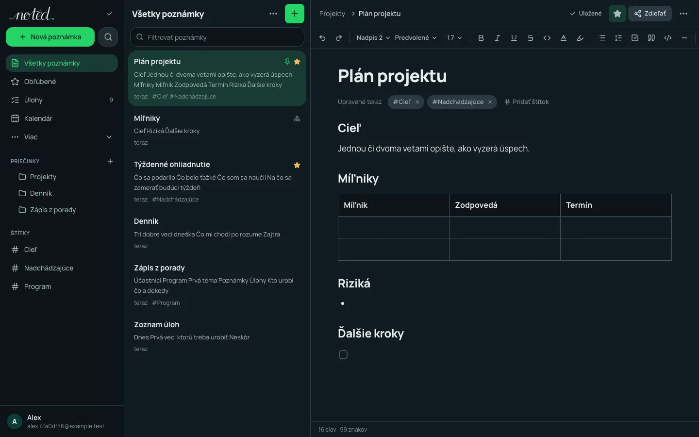 Editor noted. s otvorenou poznámkou vedľa zoznamu priečinkov