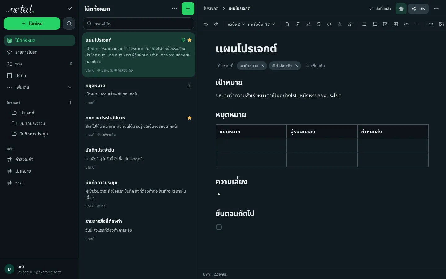 เอดิเตอร์ของ noted. ที่เปิดโน้ตอยู่ข้างรายการโฟลเดอร์