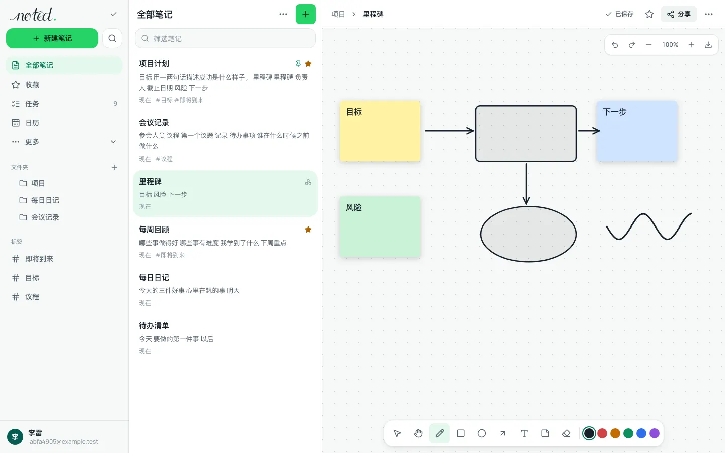 带有便签、形状和箭头的白板